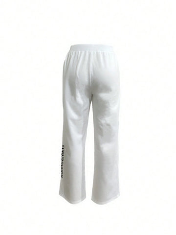 EZwear Women Front Tie Letter Print Simple Design Casual Pants, Daily Wear