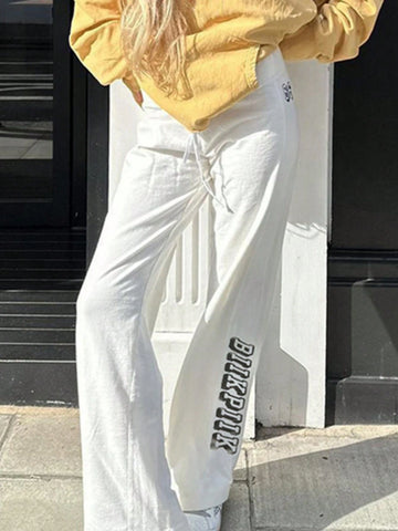 EZwear Women Front Tie Letter Print Simple Design Casual Pants, Daily Wear