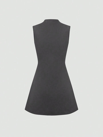 Women High Neck Cinched Waist A-Line Midi Dress, Fashionable & Versatile Office Wear