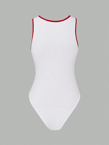 Women Holiday Beach Slogan Print Colorblock Trim Sleeveless Jumpsuit