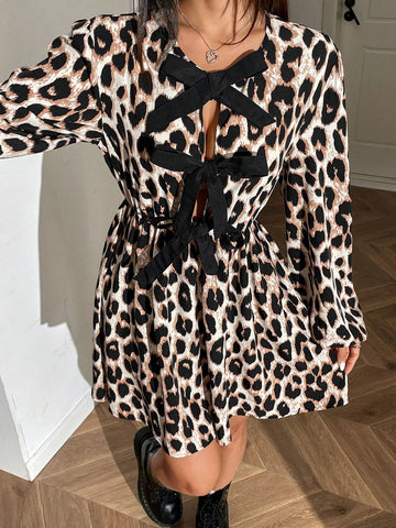 Women Leopard Print Bow Decor Casual Long Sleeve Mini Dress