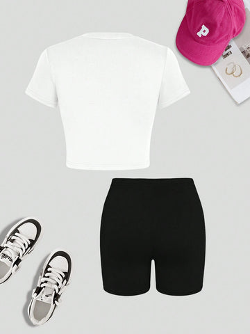 Women Letter Print Casual Spring/Summer Short Sleeve T-Shirt And Shorts Set