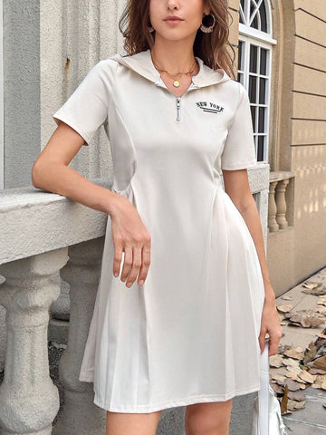Women Letter Print Short Sleeve Zipper Half Placket Hooded Casual Short Dress