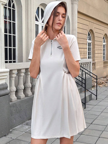 Women Letter Print Short Sleeve Zipper Half Placket Hooded Casual Short Dress