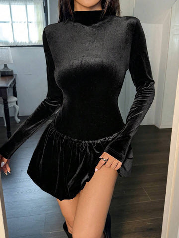 Women New Velvet Turtleneck Puff Sleeve Bodycon Mini Dress