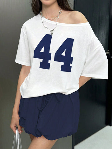 Women Oblique Shoulder Short Sleeve Numeric Print Casual T-Shirt