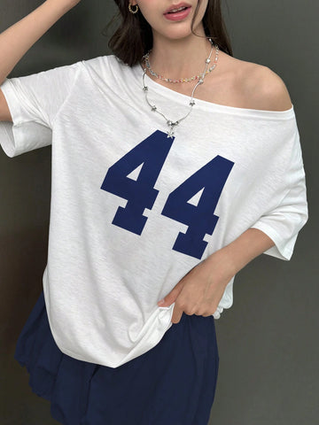 Women Oblique Shoulder Short Sleeve Numeric Print Casual T-Shirt