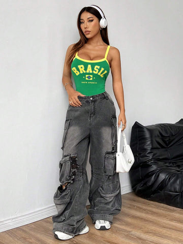 Women One-Piece Swimsuit With Brazil Letter Print And Color-Blocked Edges