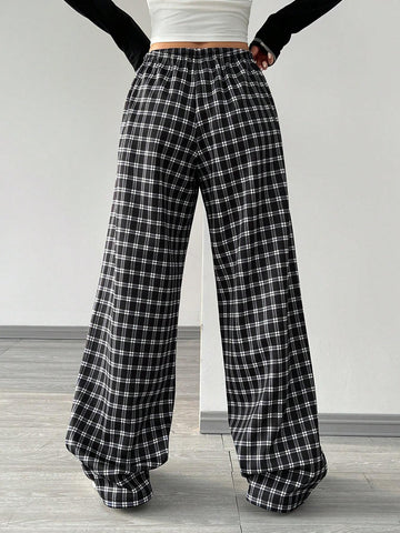 EZwear Women Plaid Elastic Waist Casual Pants, Everyday Wear