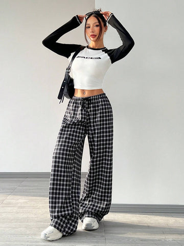 EZwear Women Plaid Elastic Waist Casual Pants, Everyday Wear
