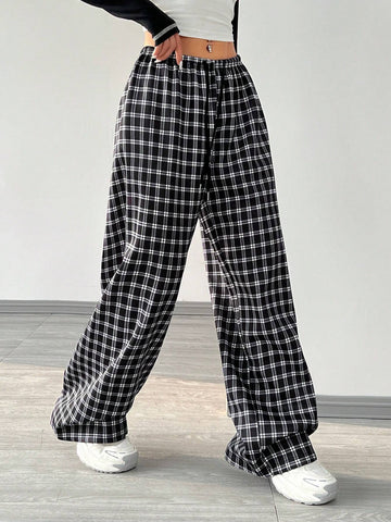 EZwear Women Plaid Elastic Waist Casual Pants, Everyday Wear
