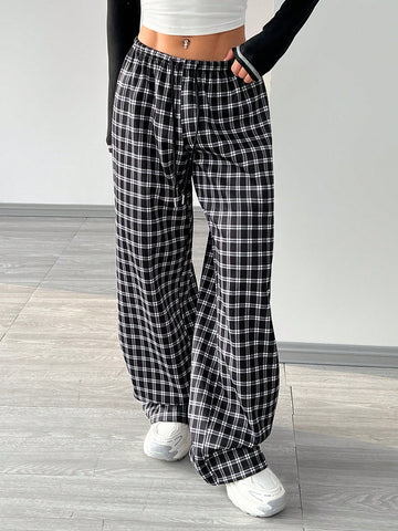 EZwear Women Plaid Elastic Waist Casual Pants, Everyday Wear