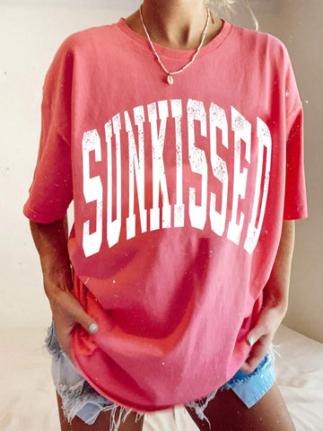 Women Simple Print Round Neck Short Sleeve T-Shirt