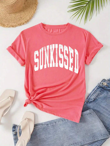 Women Simple Print Round Neck Short Sleeve T-Shirt