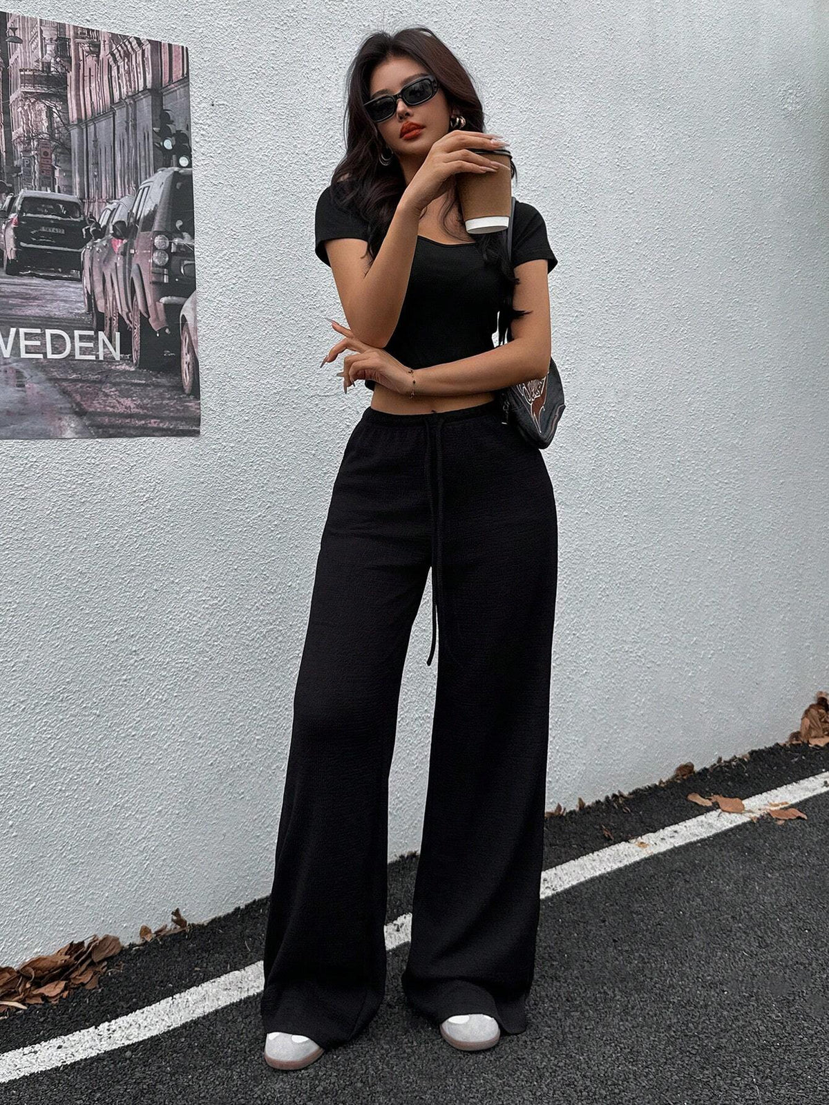 EZwear Women Solid Color Drawstring Relaxed Straight Leg Pants