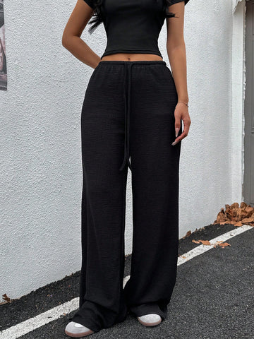 EZwear Women Solid Color Drawstring Relaxed Straight Leg Pants