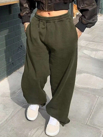 EZwear Women Solid Color Elastic Waist Pockets Loose Fit Wide Leg Pants