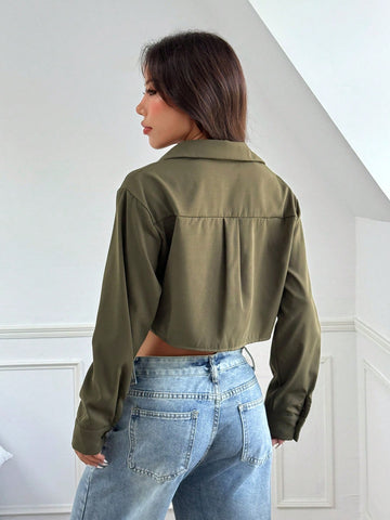 EZwear Women Solid Color Long Sleeve Pocket Plain Shirt, Casual Daily