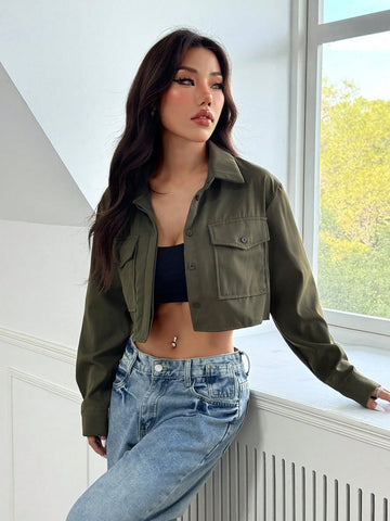 EZwear Women Solid Color Long Sleeve Pocket Plain Shirt, Casual Daily