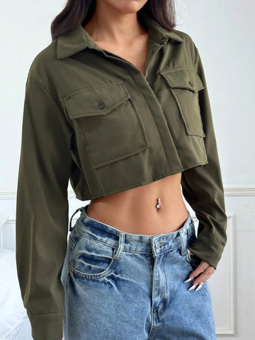 EZwear Women Solid Color Long Sleeve Pocket Plain Shirt, Casual Daily