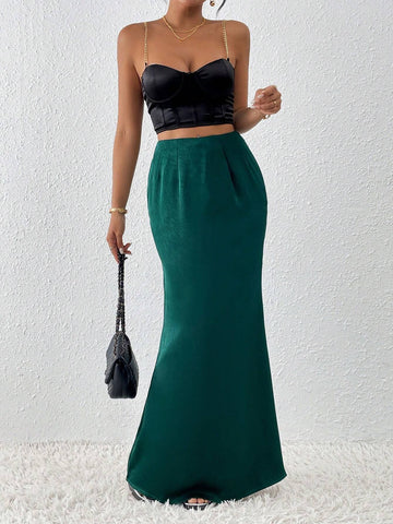 EZwear Women Solid Color Pleated Party Skirt With Side Slit