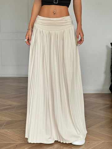 EZwear Women Solid Color Pleated Waist Long Casual Skirt