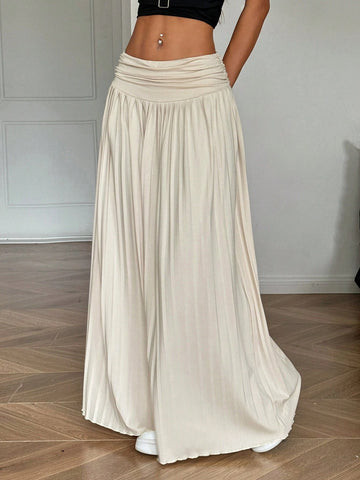 EZwear Women Solid Color Pleated Waist Long Casual Skirt