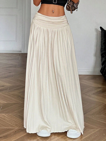 EZwear Women Solid Color Pleated Waist Long Casual Skirt