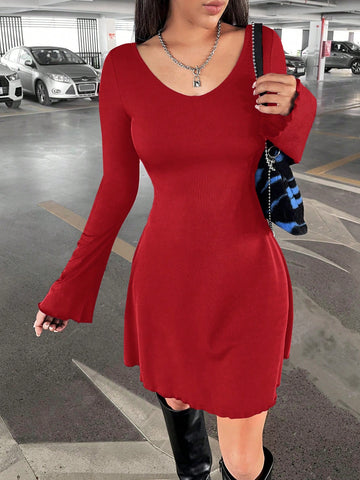 Women Solid Color Round Neck Casual Short Long Sleeve Dress For Autumn