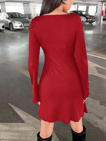 Women Solid Color Round Neck Casual Short Long Sleeve Dress For Autumn