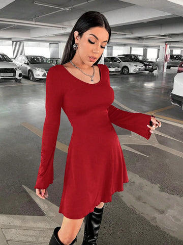 Women Solid Color Round Neck Casual Short Long Sleeve Dress For Autumn