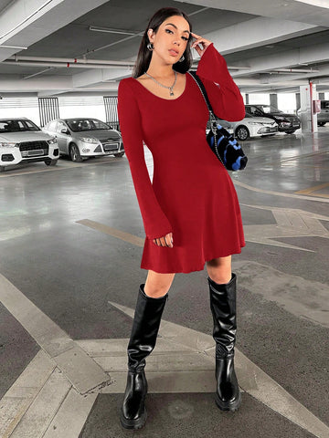 Women Solid Color Round Neck Casual Short Long Sleeve Dress For Autumn