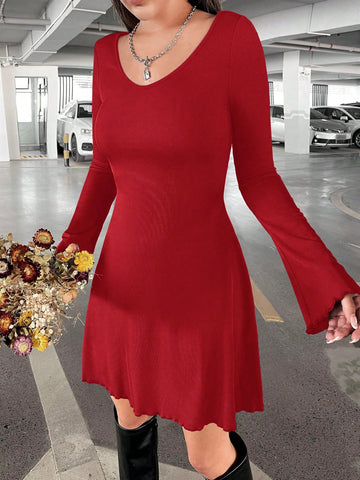 Women Solid Color Round Neck Casual Short Long Sleeve Dress For Autumn