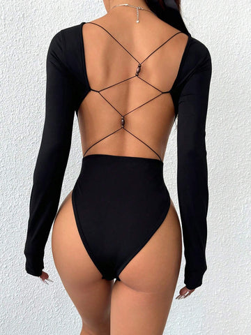 Women Solid Color Round Neck Long Sleeve Casual Tight Bodysuit