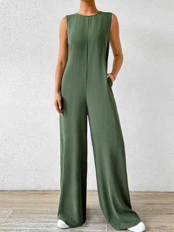 Women Solid Color Round Neck Sleeveless Jumpsuit