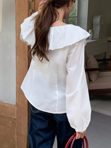 EZwear Women Solid Color Splice Ruffle Bow Decor Long Sleeve Elegant Blouse, Autumn