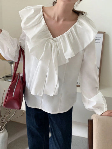 EZwear Women Solid Color Splice Ruffle Bow Decor Long Sleeve Elegant Blouse, Autumn