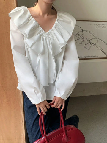 EZwear Women Solid Color Splice Ruffle Bow Decor Long Sleeve Elegant Blouse, Autumn