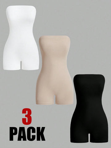 Women Solid Color Strapless Simple Tight Jumpsuit Shorts