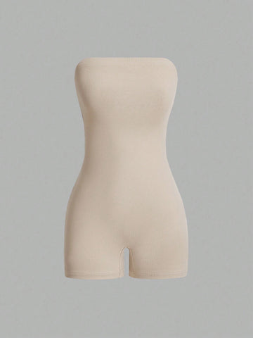 Women Solid Color Strapless Simple Tight Jumpsuit Shorts