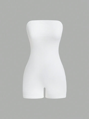Women Solid Color Strapless Simple Tight Jumpsuit Shorts
