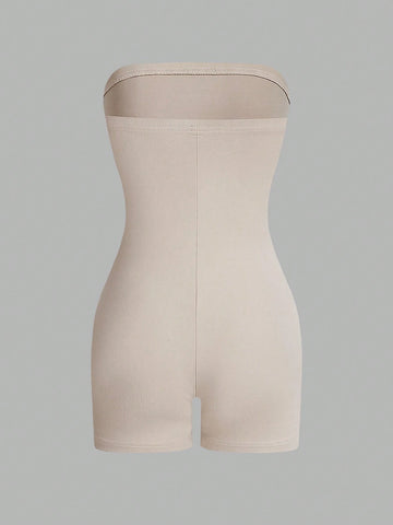 Women Solid Color Strapless Simple Tight Jumpsuit Shorts