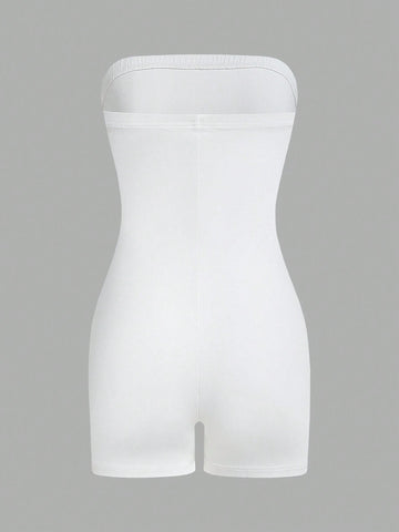 Women Solid Color Strapless Simple Tight Jumpsuit Shorts