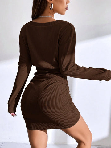 Women Solid Color V-Neck Long Sleeve Pleated Fitted Short Dress, Autumn