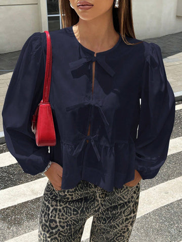 EZwear Women Solid Color Woven Lantern Sleeve Bow Tie Front Blouse