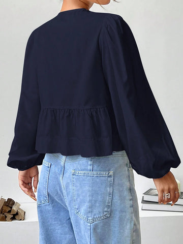 EZwear Women Solid Color Woven Lantern Sleeve Bow Tie Front Blouse