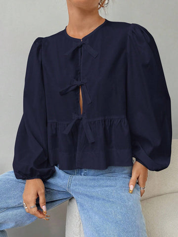 EZwear Women Solid Color Woven Lantern Sleeve Bow Tie Front Blouse