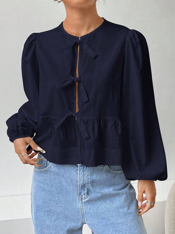 EZwear Women Solid Color Woven Lantern Sleeve Bow Tie Front Blouse
