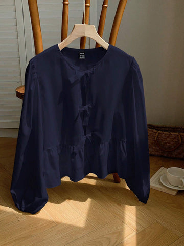 EZwear Women Solid Color Woven Lantern Sleeve Bow Tie Front Blouse