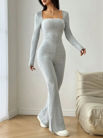 Women Square Neck Long Sleeve Flared Thermal Lined Jumpsuit, Fall Outfits